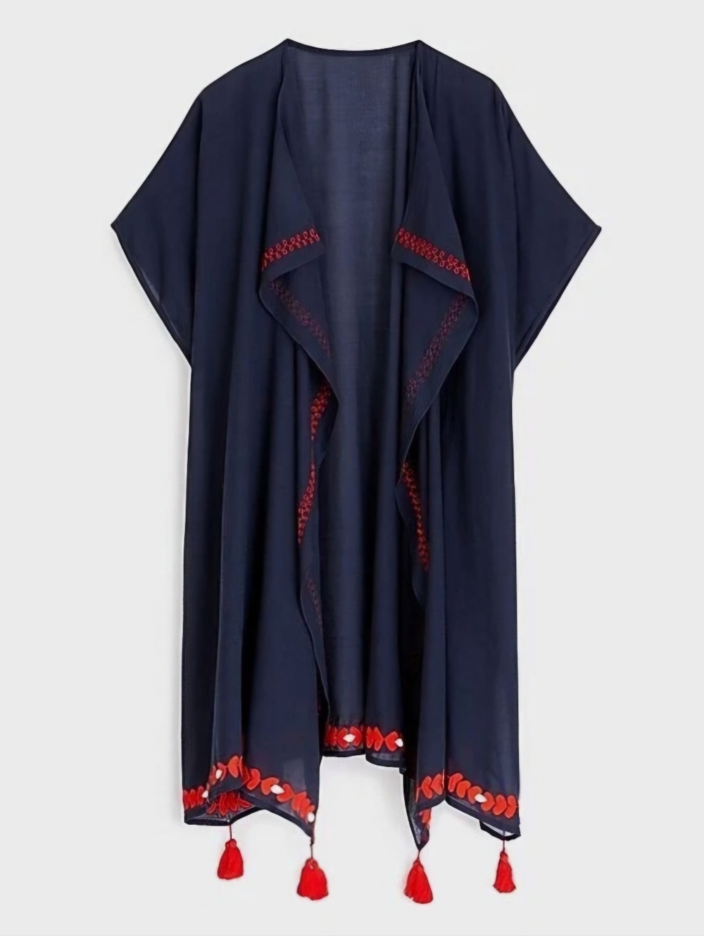 J Crew Navy Beach Cover-up with Red Hearts Embrodery and Tassel Trim